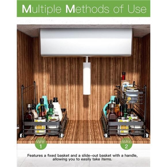 Sink Organizer and Storage, Under Sliding Cabinet Basket Organizer 2 Tire Black - Picture 6 of 7